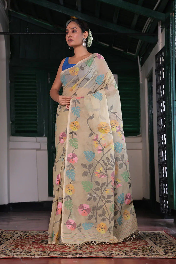 Handloom Yellow Cream Pure Cotton Jamdani Saree with Floral Motifs | SHOBITAM