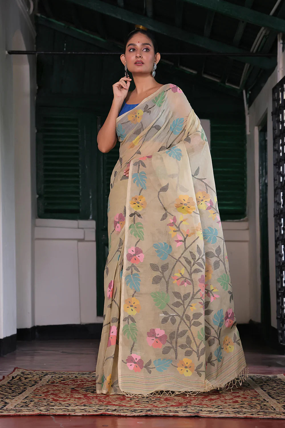 Handloom Yellow Cream Pure Cotton Jamdani Saree with Floral Motifs | SHOBITAM