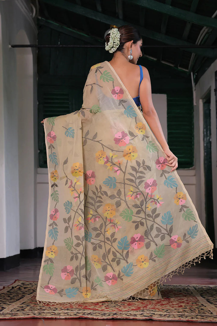 Handloom Yellow Cream Pure Cotton Jamdani Saree with Floral Motifs | SHOBITAM