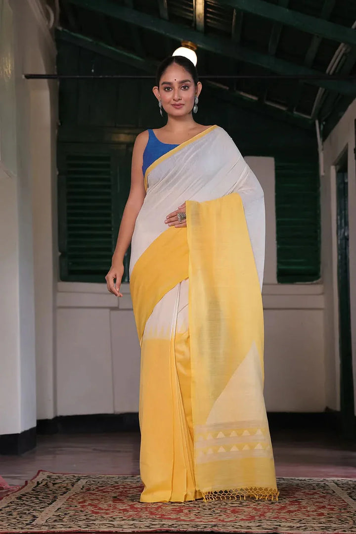 Handloom White & Yellow Soft Cotton Jamdani Saree | SHOBITAM