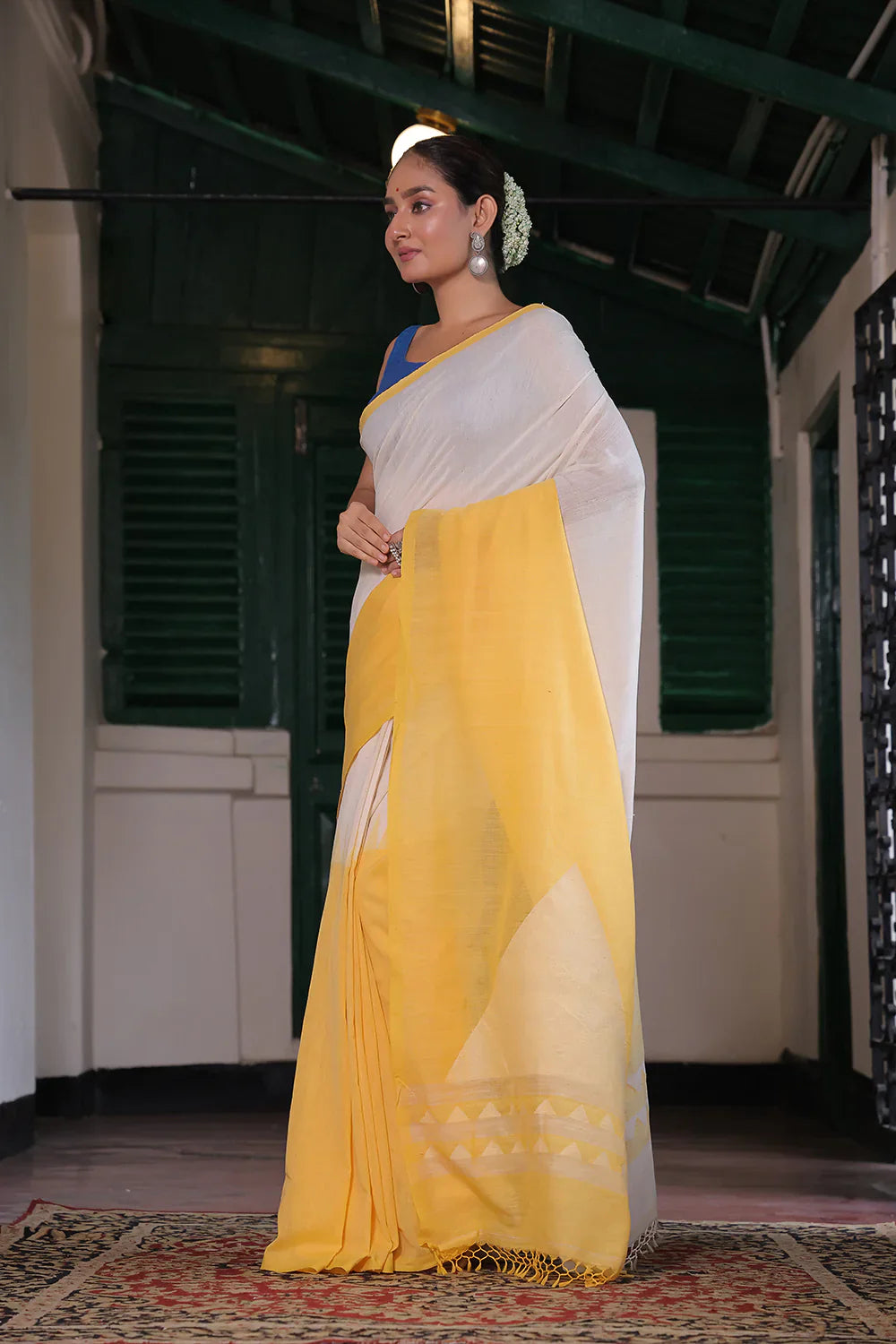 Handloom White & Yellow Soft Cotton Jamdani Saree | SHOBITAM