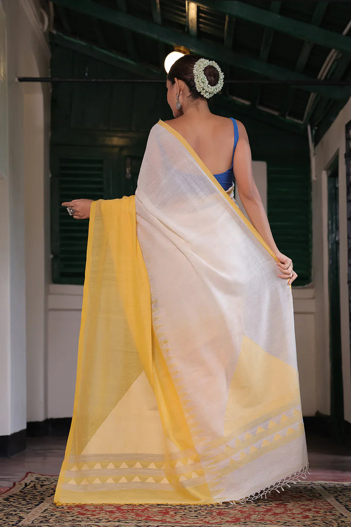 Handloom White & Yellow Soft Cotton Jamdani Saree | SHOBITAM
