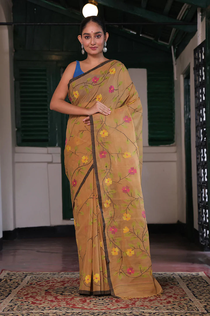 Handloom Gold Yellow Pure Cotton Jamdani with Floral Motifs | SHOBITAM