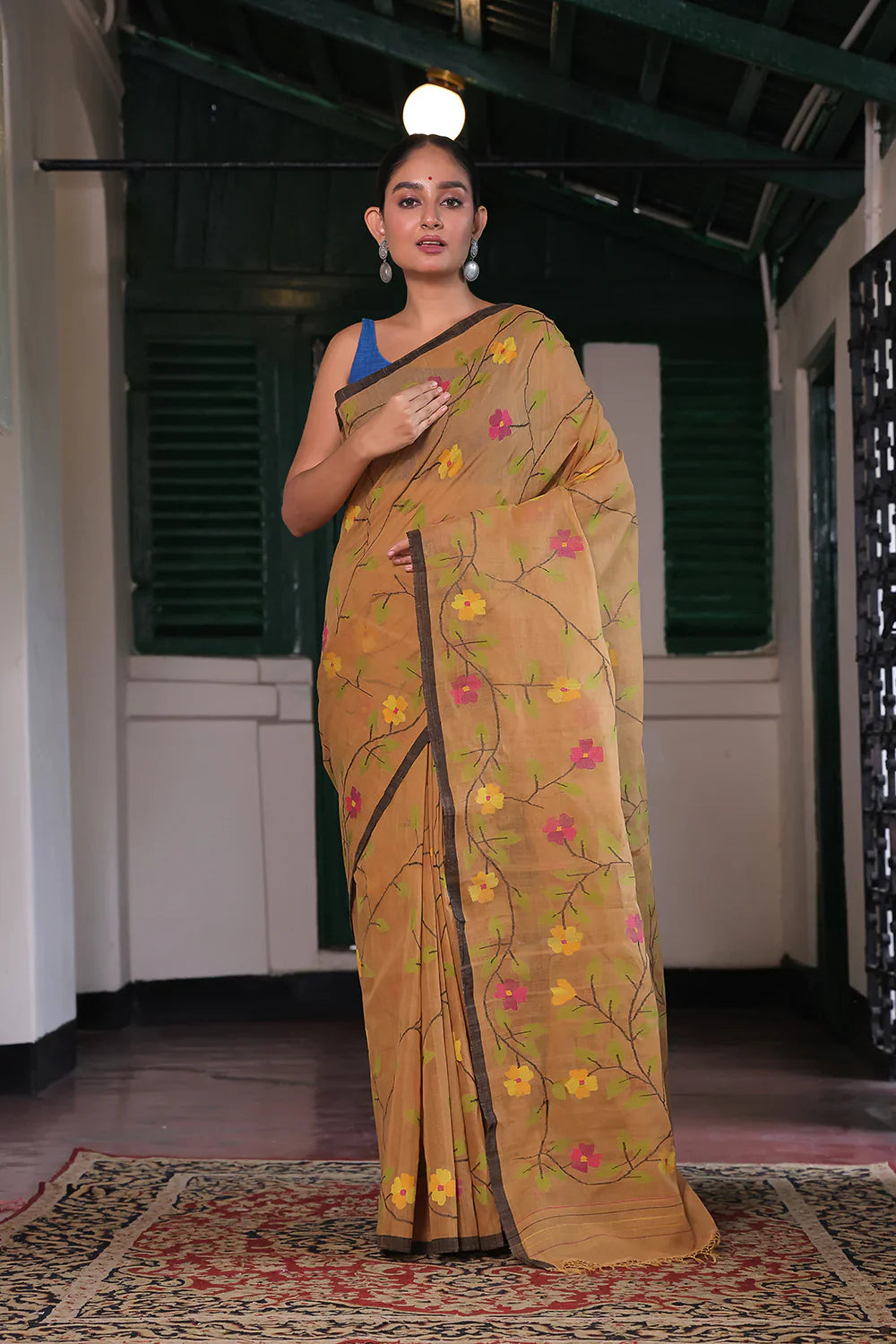 Handloom Gold Yellow Pure Cotton Jamdani with Floral Motifs | SHOBITAM
