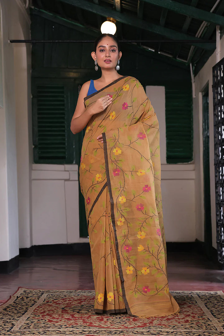 Handloom Gold Yellow Pure Cotton Jamdani with Floral Motifs | SHOBITAM