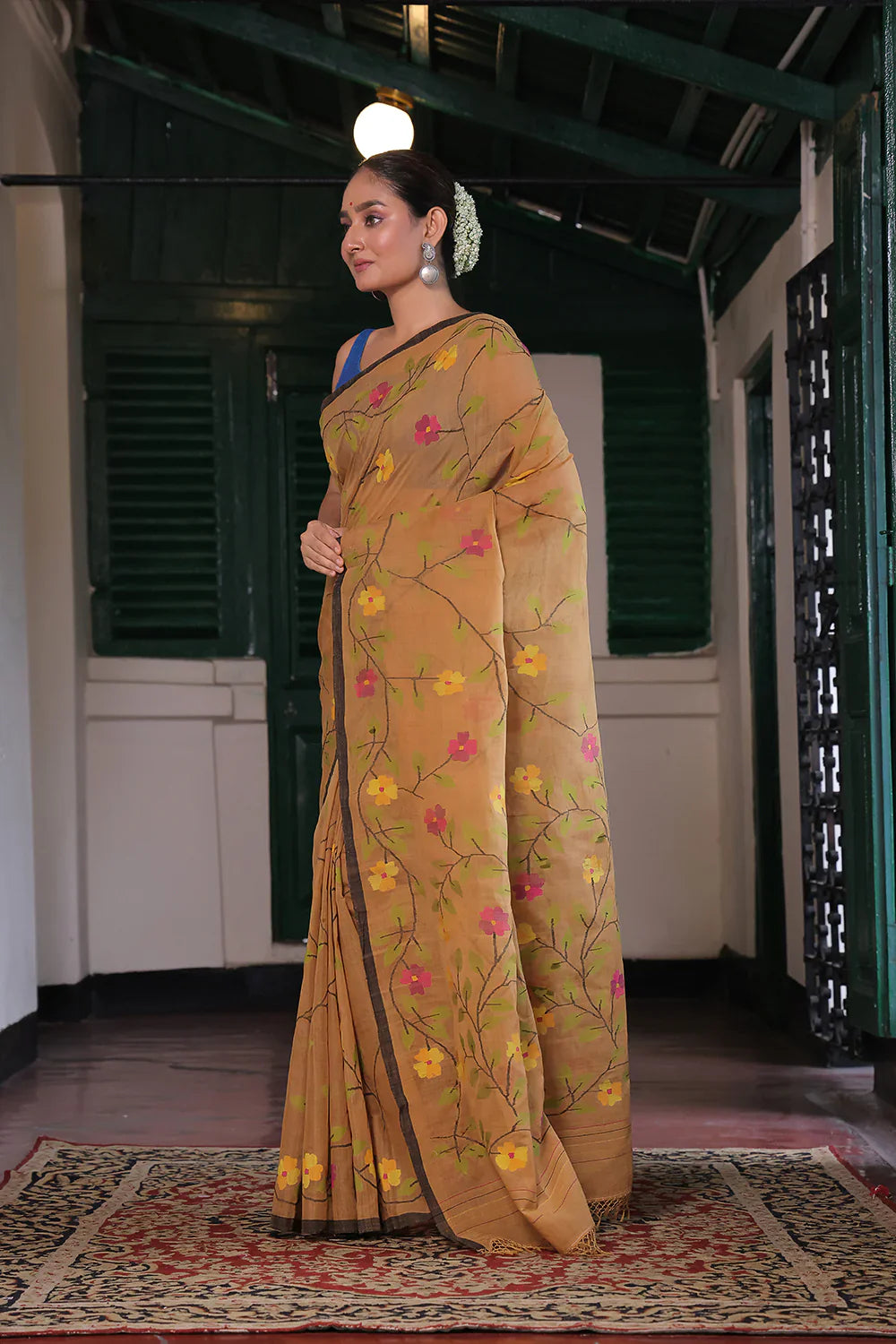 Handloom Gold Yellow Pure Cotton Jamdani with Floral Motifs | SHOBITAM