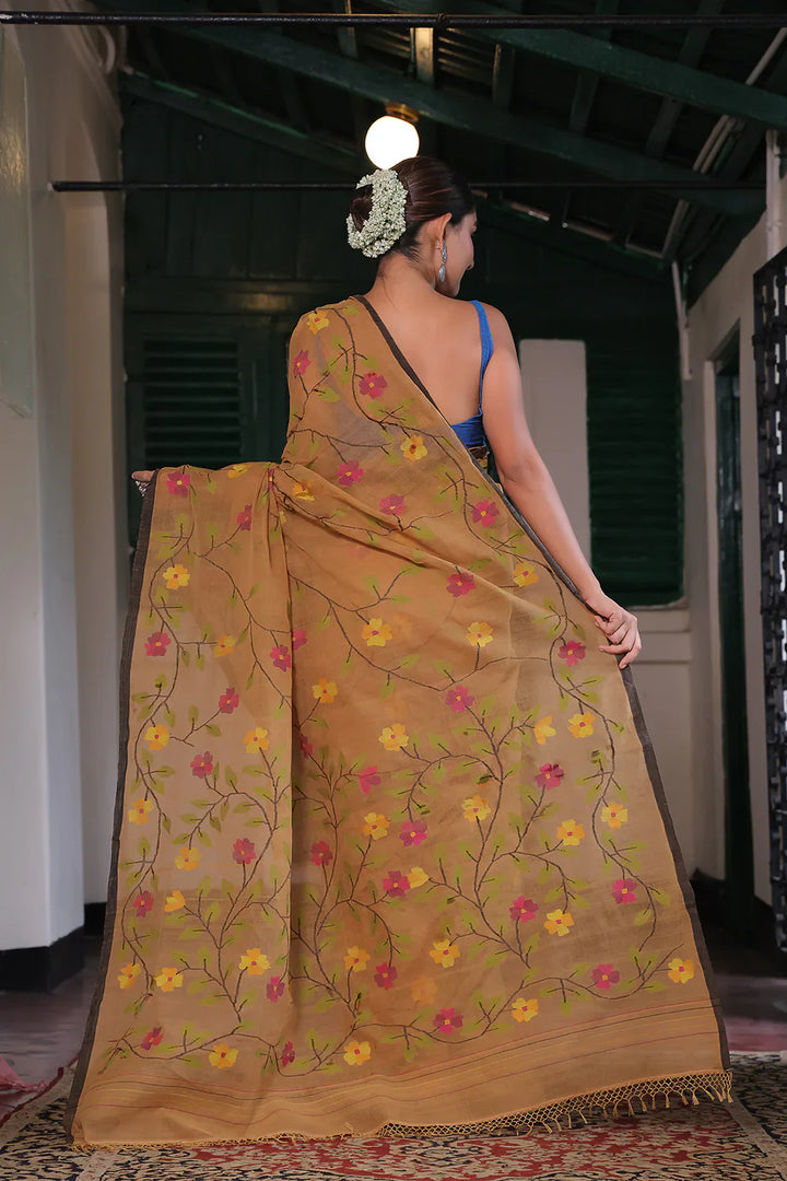 Handloom Gold Yellow Pure Cotton Jamdani with Floral Motifs | SHOBITAM