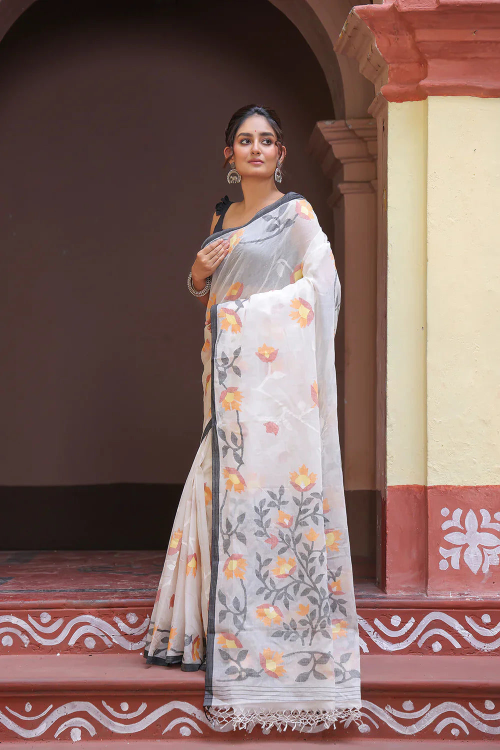 Handloom White Pure Cotton Exclusive Jamdani Saree with Yellow & White Flowers | SHOBITAM