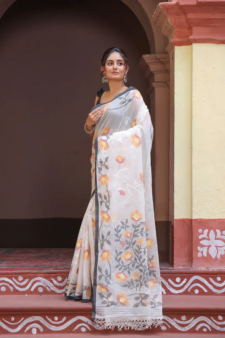 Handloom White Pure Cotton Exclusive Jamdani Saree with Yellow & White Flowers | SHOBITAM