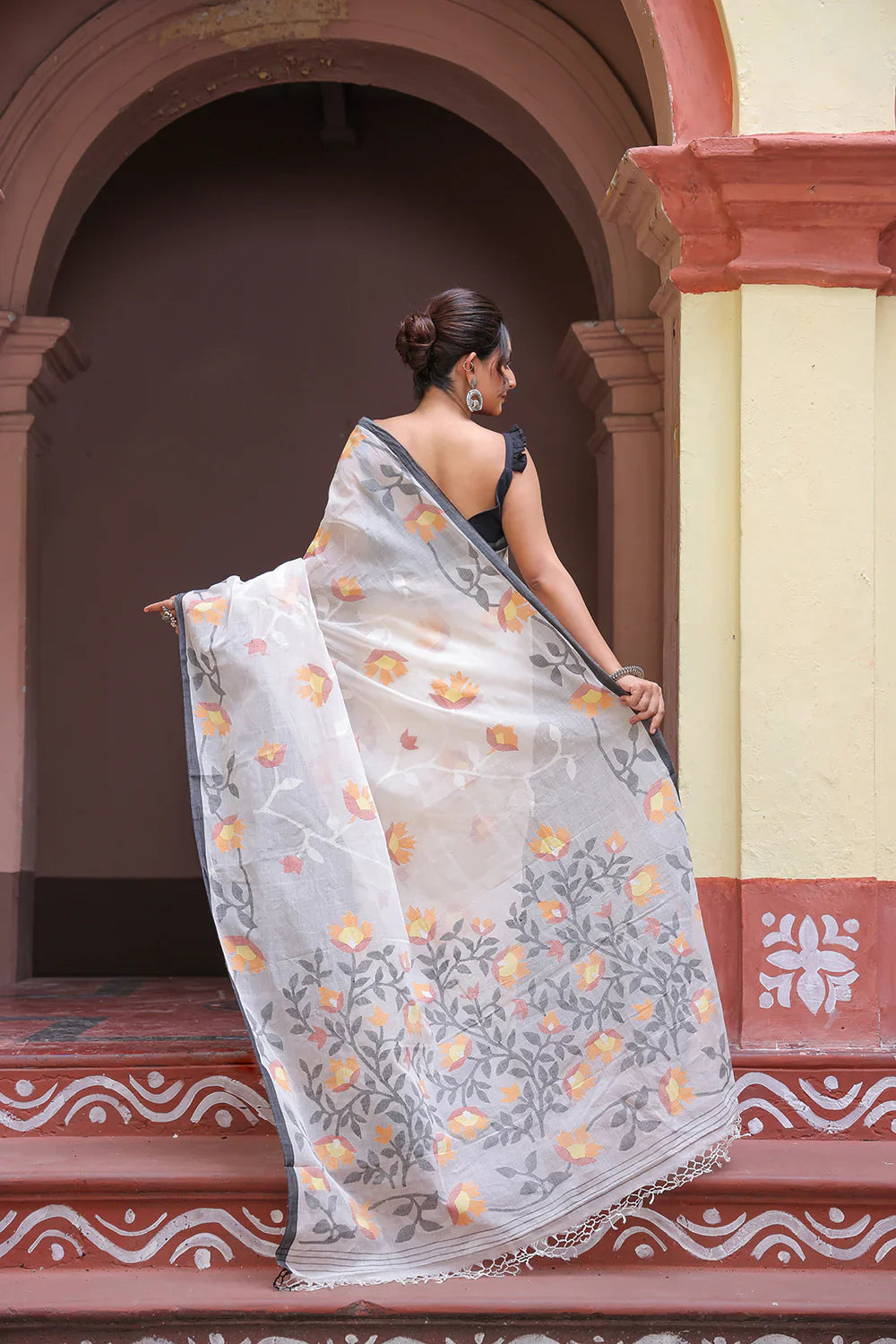 Handloom White Pure Cotton Exclusive Jamdani Saree with Yellow & White Flowers | SHOBITAM