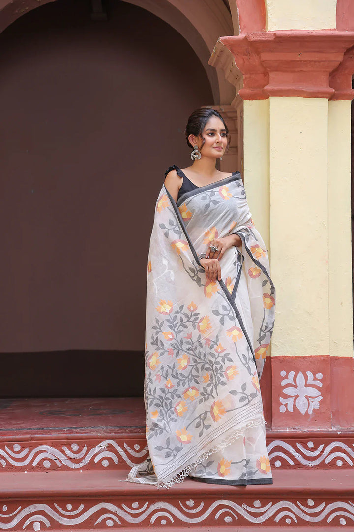 Handloom White Pure Cotton Exclusive Jamdani Saree with Yellow & White Flowers | SHOBITAM