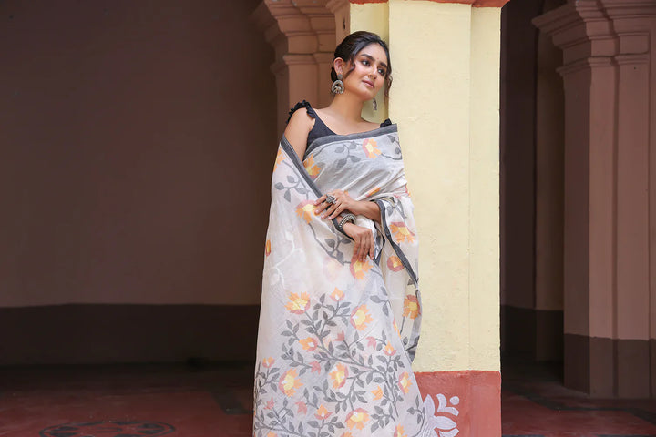 Handloom White Pure Cotton Exclusive Jamdani Saree with Yellow & White Flowers | SHOBITAM
