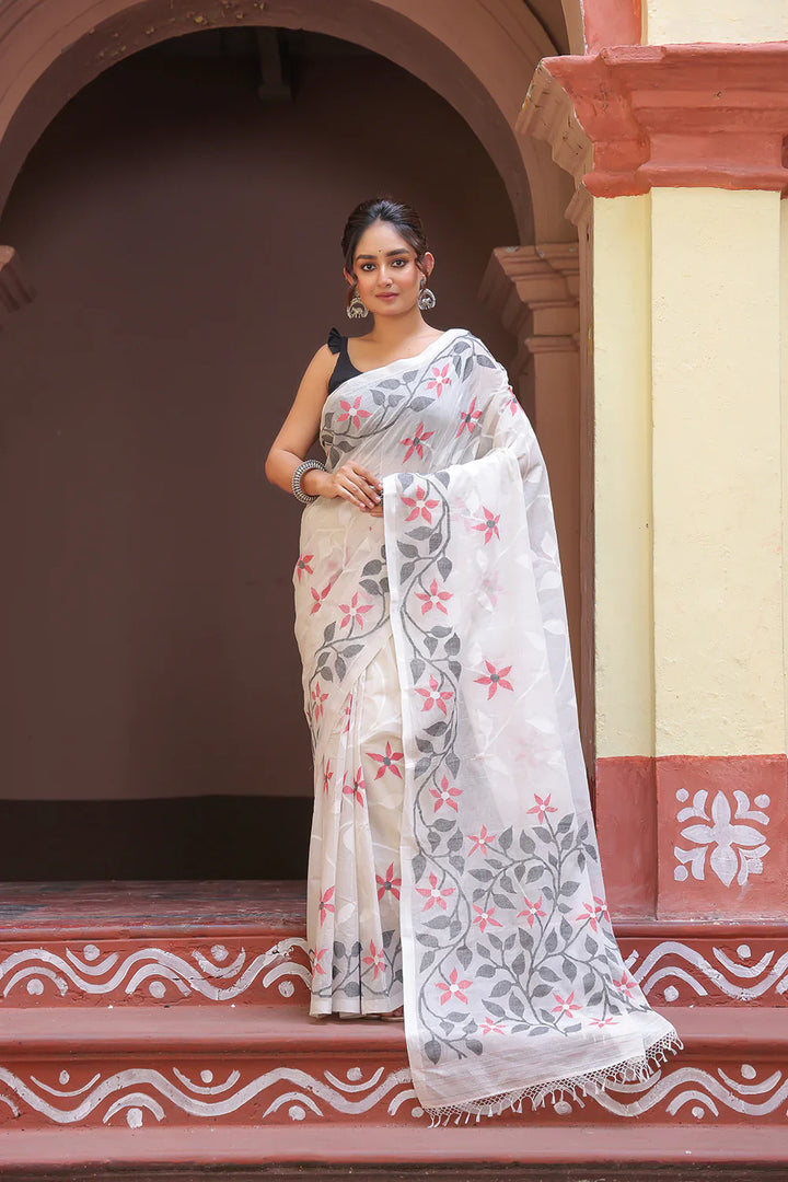 Handloom White Pure Cotton Exclusive Jamdani Saree with Red & White Flowers | SHOBITAM