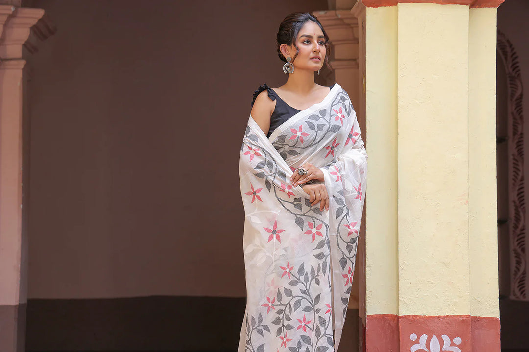 Handloom White Pure Cotton Exclusive Jamdani Saree with Red & White Flowers | SHOBITAM