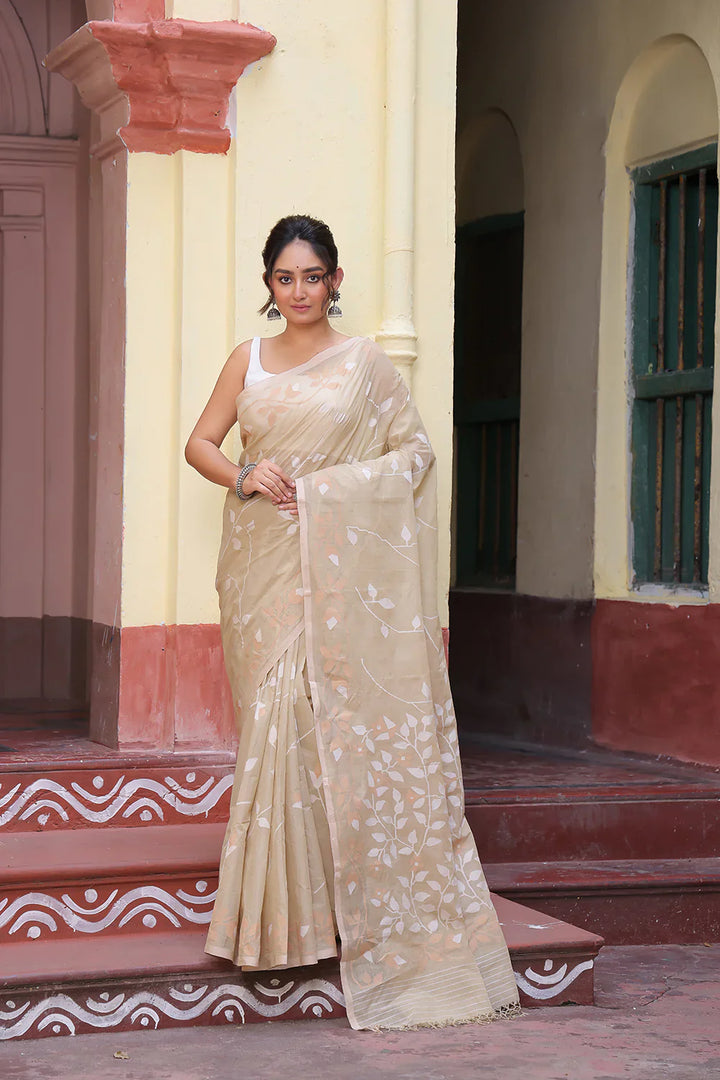 Handloom Beige Pure Cotton Exclusive Jamdani Saree with White Flowers | SHOBITAM