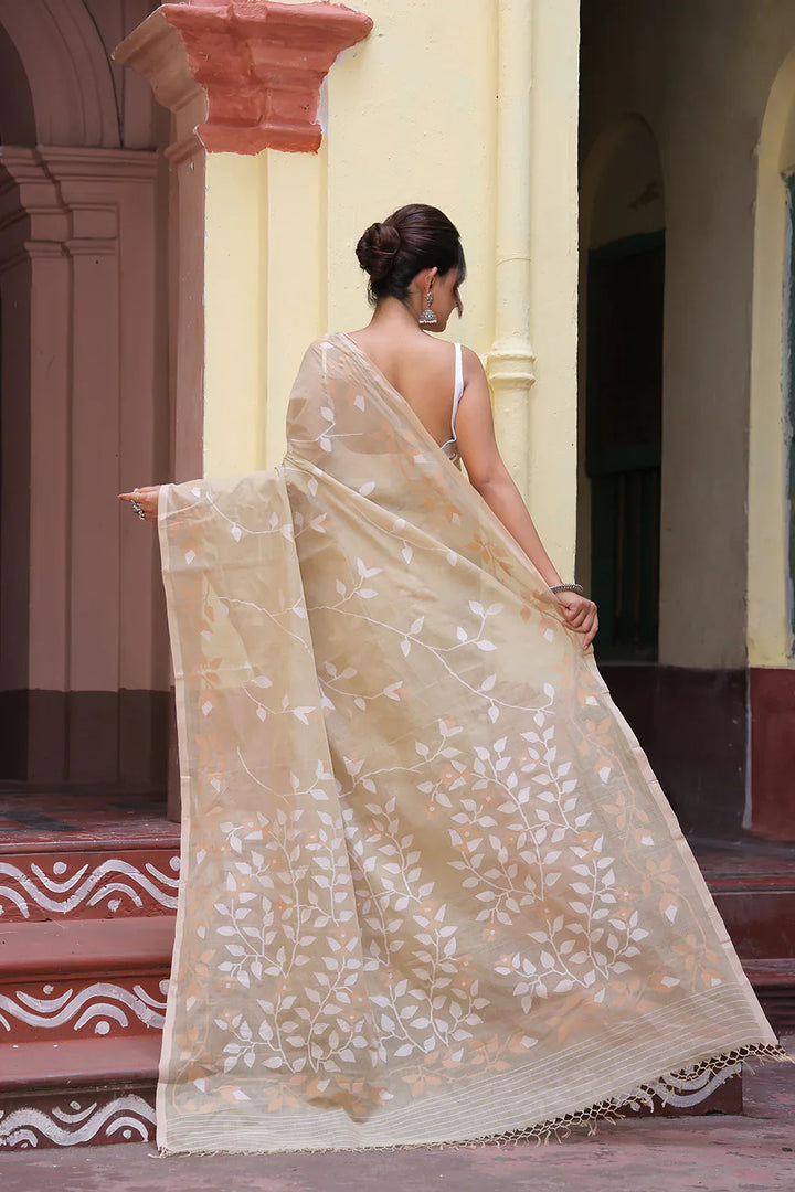 Handloom Beige Pure Cotton Exclusive Jamdani Saree with White Flowers | SHOBITAM