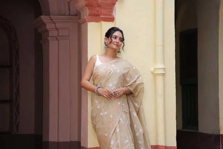 Handloom Beige Pure Cotton Exclusive Jamdani Saree with White Flowers | SHOBITAM