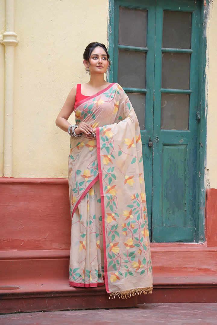 Handloom Beige Pure Cotton Exclusive Jamdani Saree with Red Border | SHOBITAM