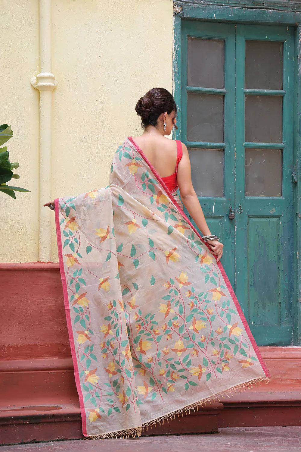 Handloom Beige Pure Cotton Exclusive Jamdani Saree with Red Border | SHOBITAM