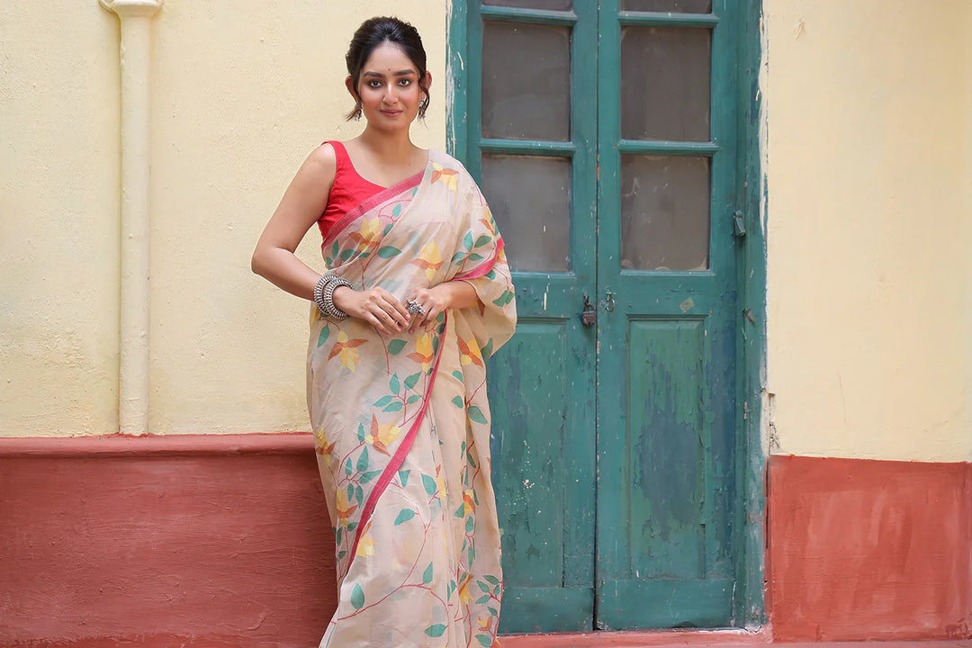 Handloom Beige Pure Cotton Exclusive Jamdani Saree with Red Border | SHOBITAM