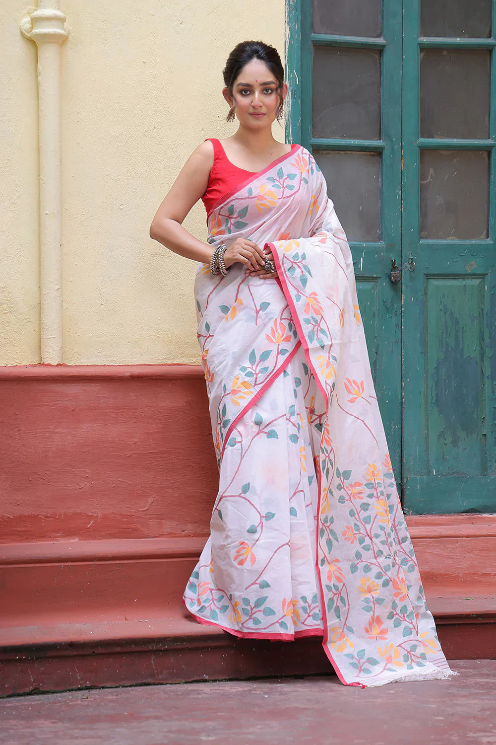 Handloom White and Red Pure Cotton Exclusive Jamdani Saree with Red Border | SHOBITAM
