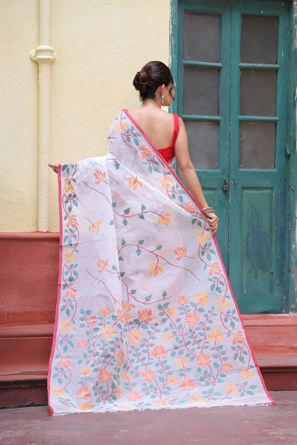Handloom White and Red Pure Cotton Exclusive Jamdani Saree with Red Border | SHOBITAM
