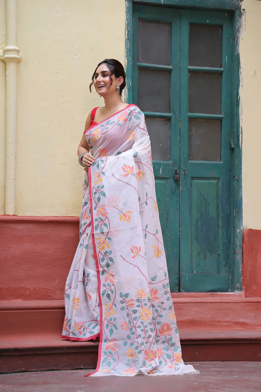 Handloom White and Red Pure Cotton Exclusive Jamdani Saree with Red Border | SHOBITAM