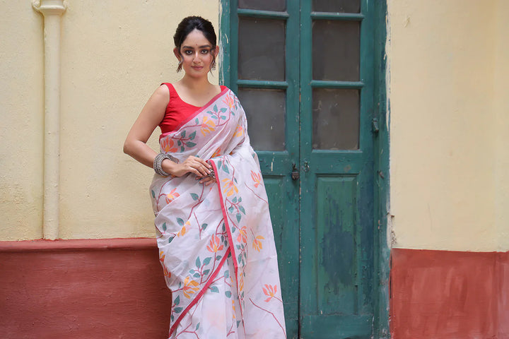 Handloom White and Red Pure Cotton Exclusive Jamdani Saree with Red Border | SHOBITAM