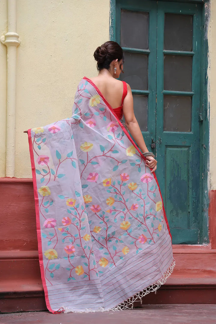 Handloom Grey and Red Pure Cotton Exclusive Jamdani Saree with Red Border | SHOBITAM