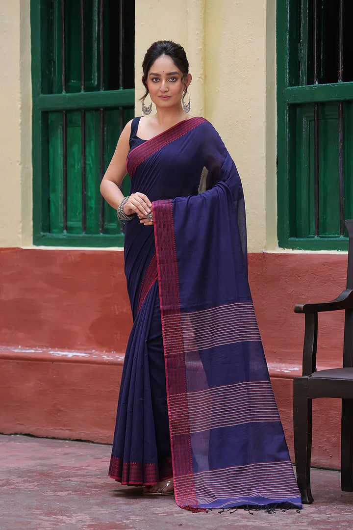 Handloom Midnight Blue Mulmul Cotton Saree With Maroon Border | SHOBITAM