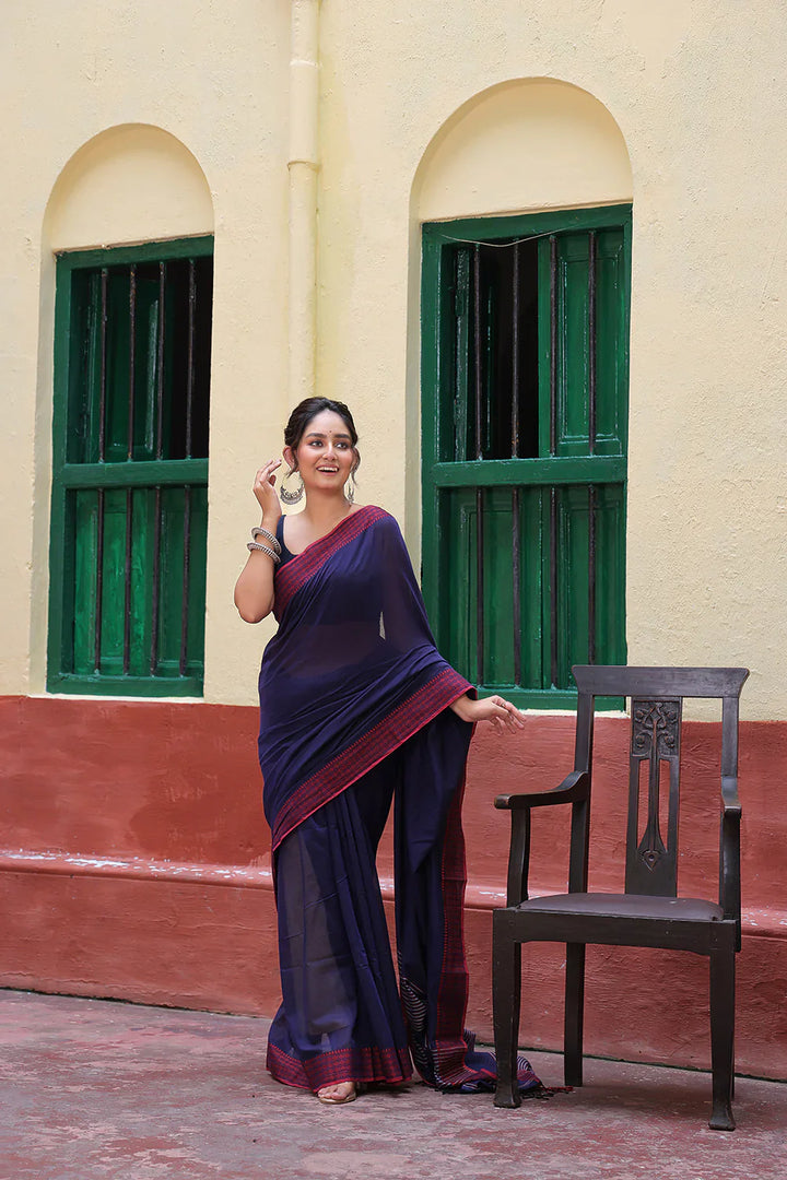 Handloom Midnight Blue Mulmul Cotton Saree With Maroon Border | SHOBITAM
