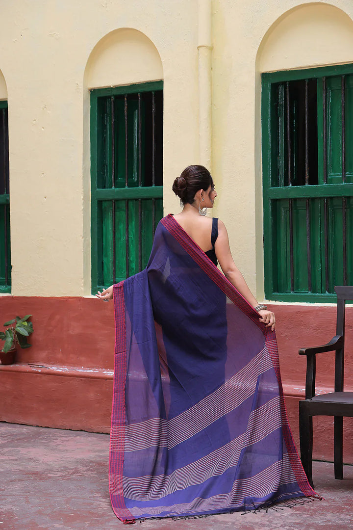 Handloom Midnight Blue Mulmul Cotton Saree With Maroon Border | SHOBITAM