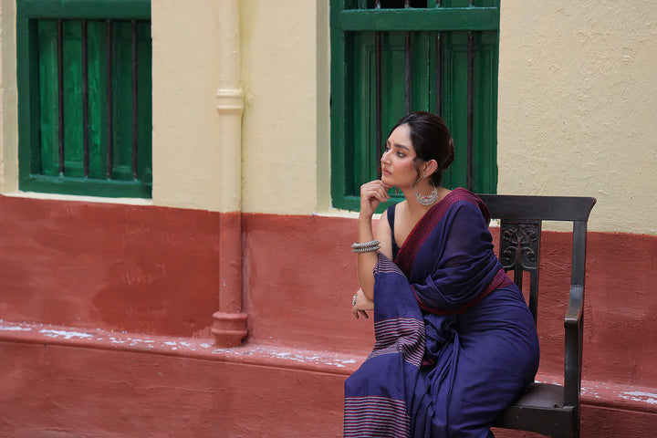 Handloom Midnight Blue Mulmul Cotton Saree With Maroon Border | SHOBITAM