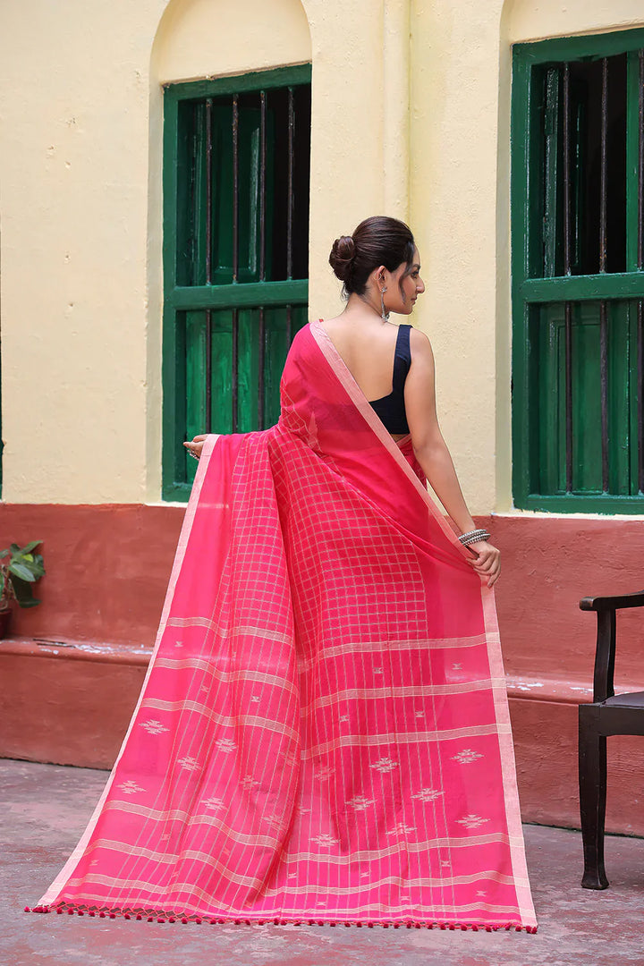 Handloom Hot Pink Mulmul Cotton Jamdani Saree | SHOBITAM