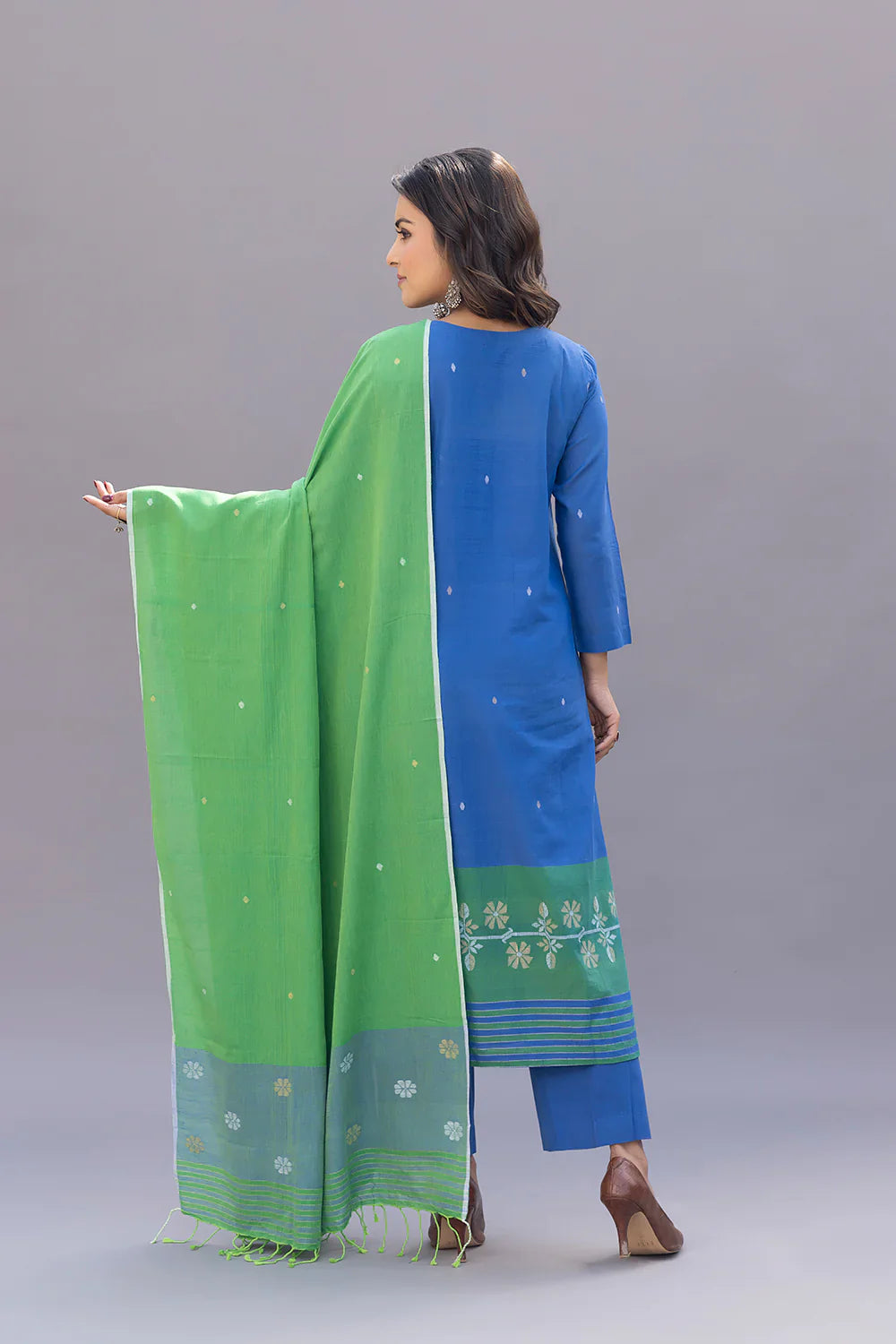 Blue and Green Jamdani Kurta Set With Dupatta  | SHOBITAM