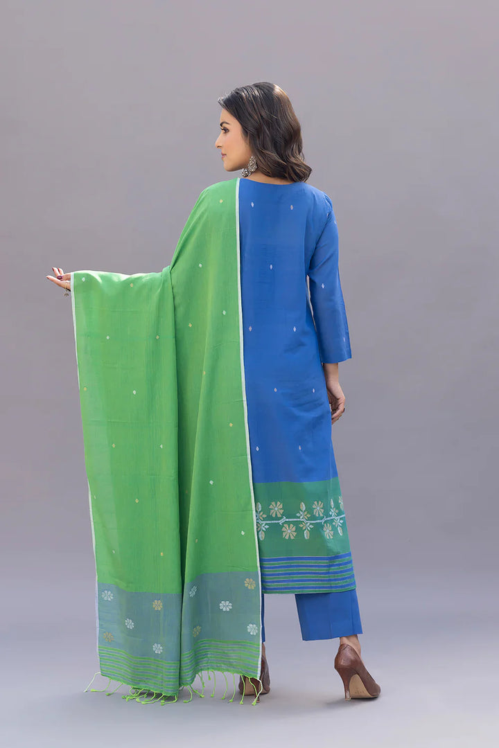 Blue and Green Jamdani Kurta Set With Dupatta  | SHOBITAM
