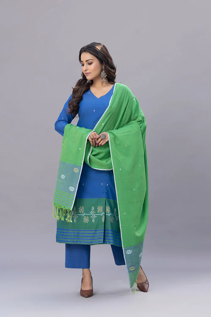 Blue and Green Jamdani Kurta Set With Dupatta  | SHOBITAM