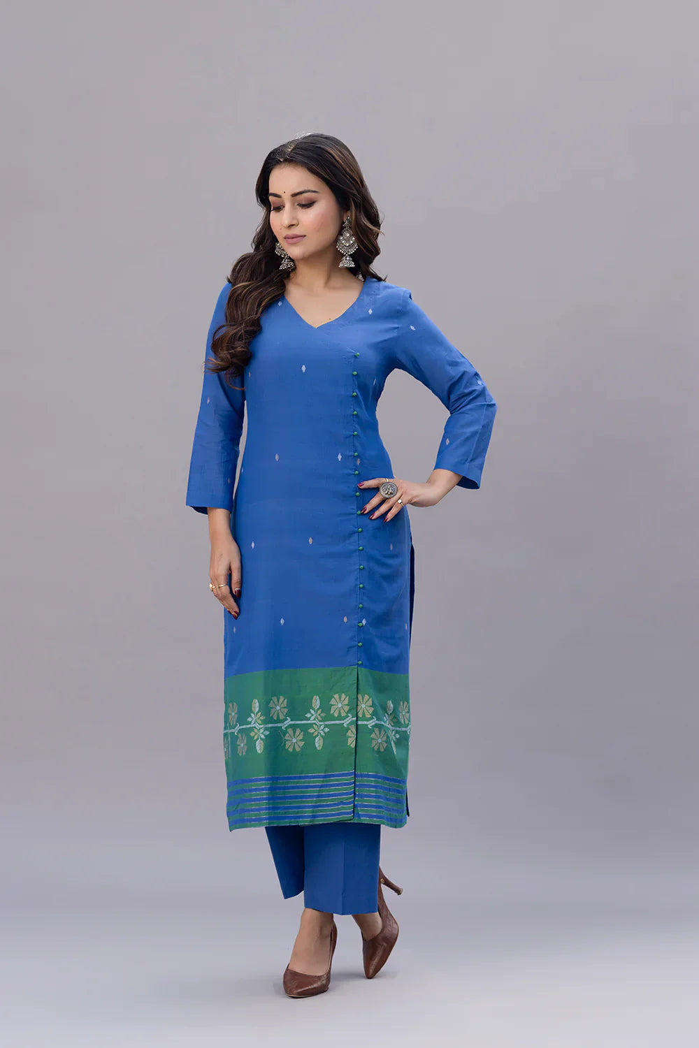 Blue and Green Jamdani Kurta Set With Dupatta  | SHOBITAM