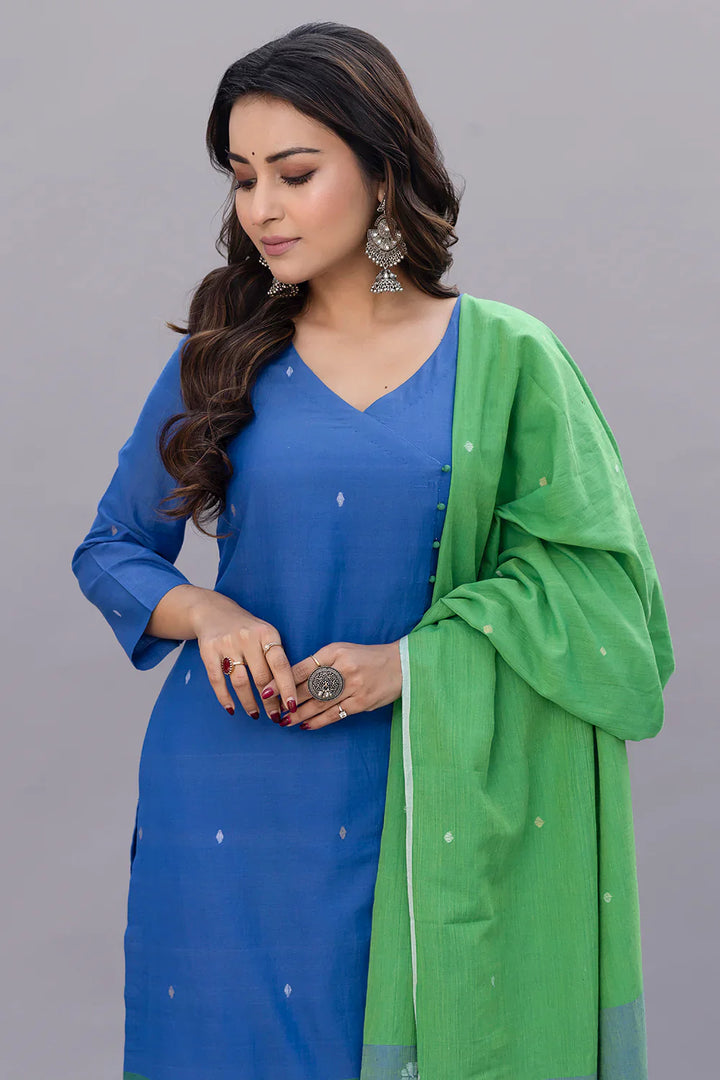 Blue and Green Jamdani Kurta Set With Dupatta  | SHOBITAM