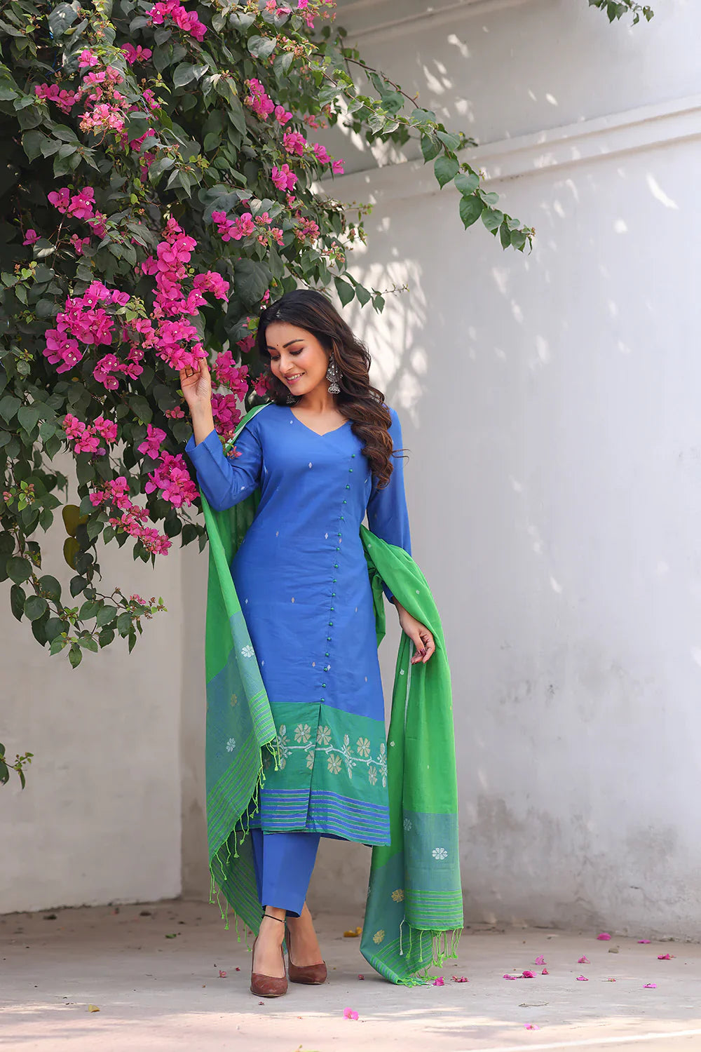 Blue and Green Jamdani Kurta Set With Dupatta  | SHOBITAM
