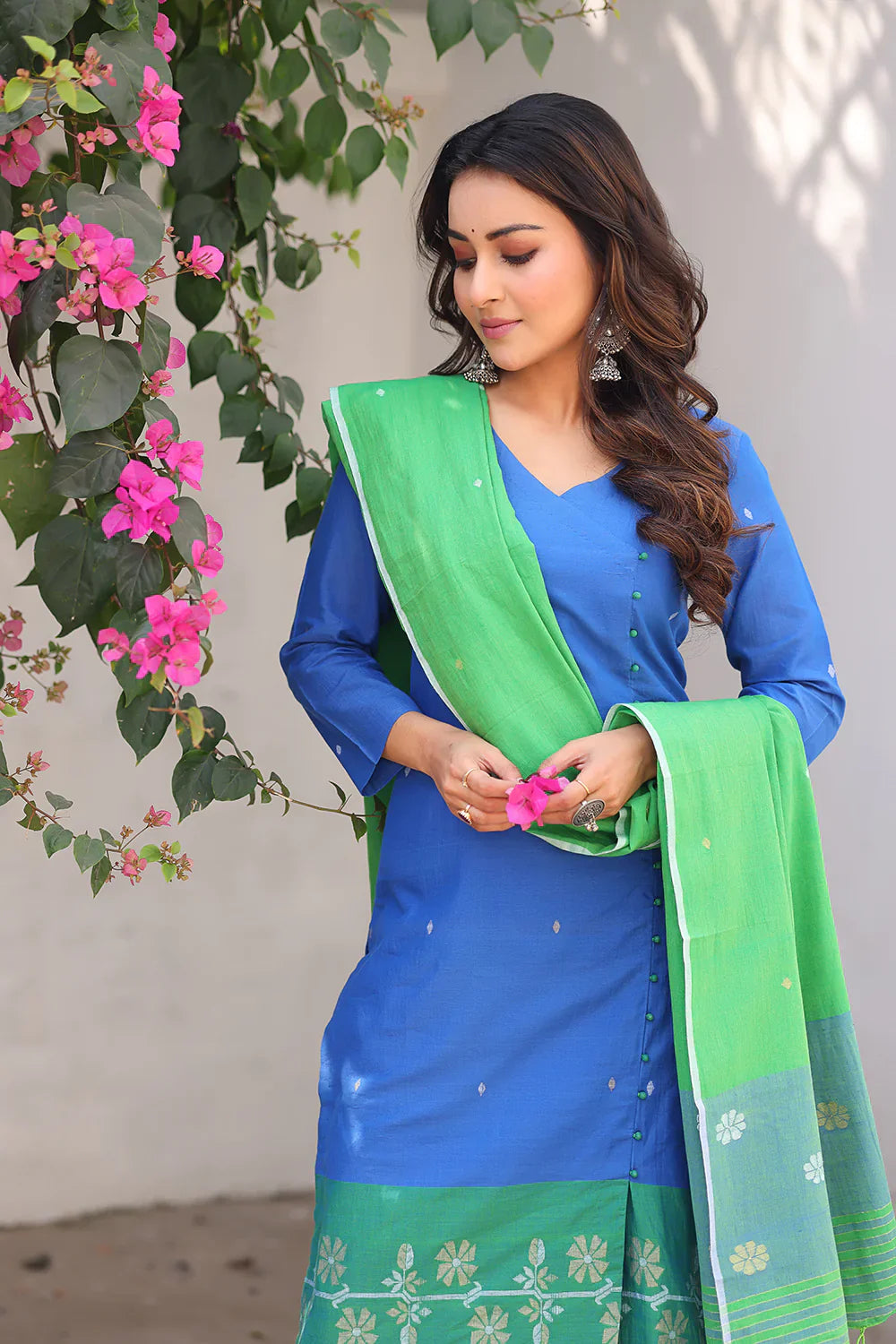 Blue and Green Jamdani Kurta Set With Dupatta  | SHOBITAM