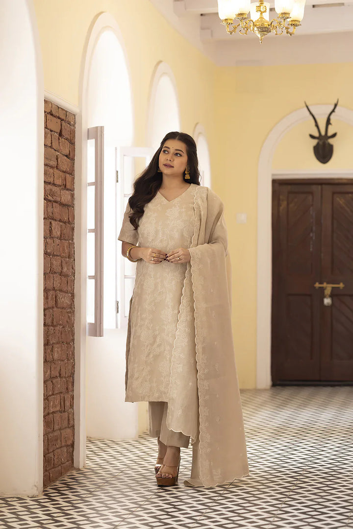 Beige Linen Emnbriodered Kurta Set With Dupatta | SHOBITAM