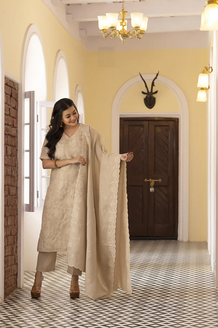 Beige Linen Emnbriodered Kurta Set With Dupatta | SHOBITAM