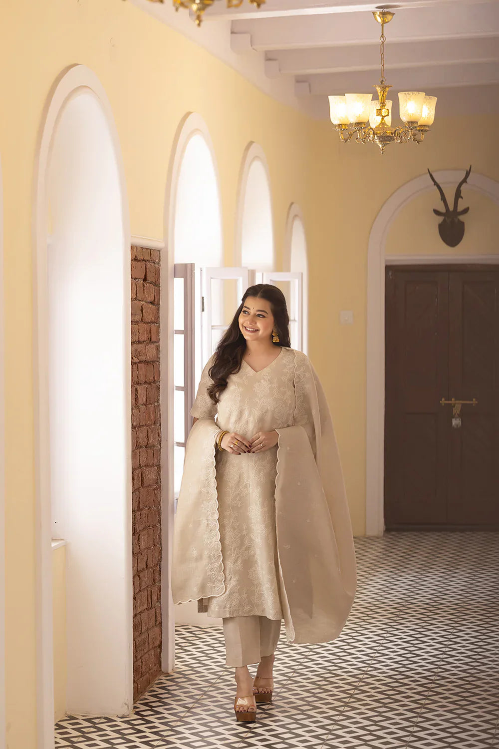 Beige Linen Emnbriodered Kurta Set With Dupatta | SHOBITAM