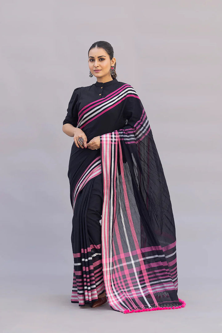 Handloom Black Pure Cotton Saree with Pink Stripes Border | SHOBITAM