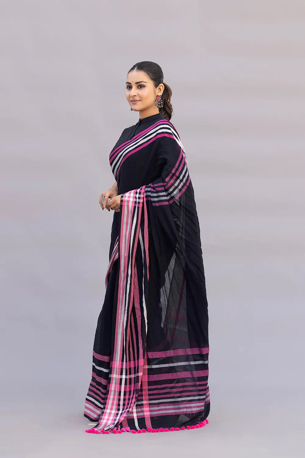 Handloom Black Pure Cotton Saree with Pink Stripes Border | SHOBITAM