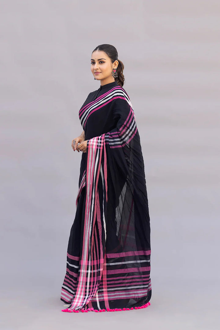 Handloom Black Pure Cotton Saree with Pink Stripes Border | SHOBITAM