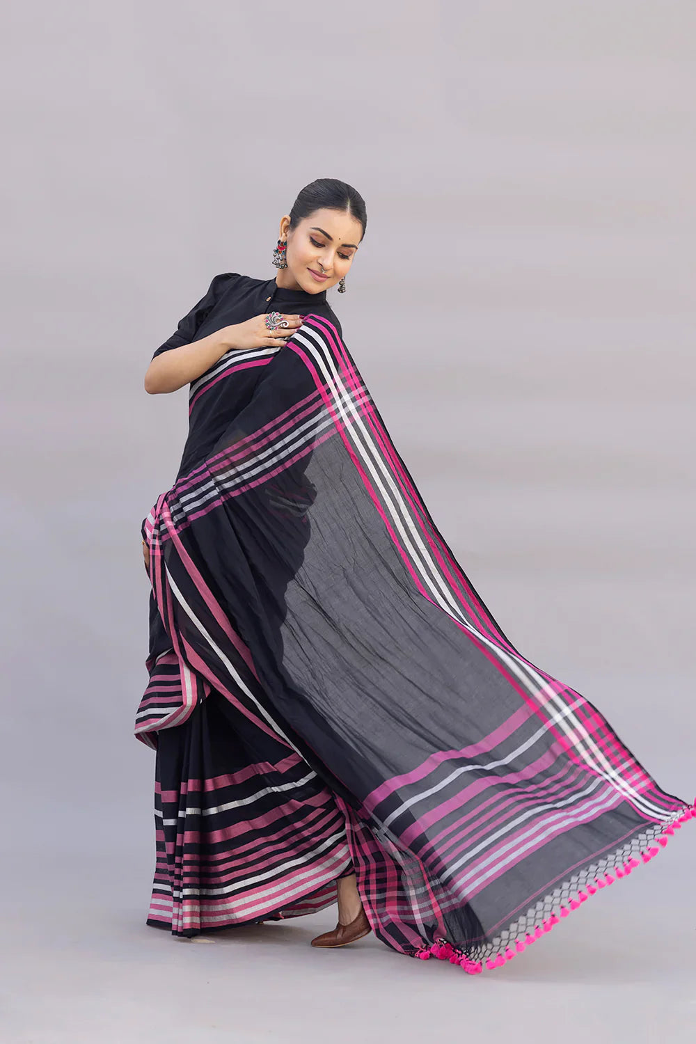 Handloom Black Pure Cotton Saree with Pink Stripes Border | SHOBITAM