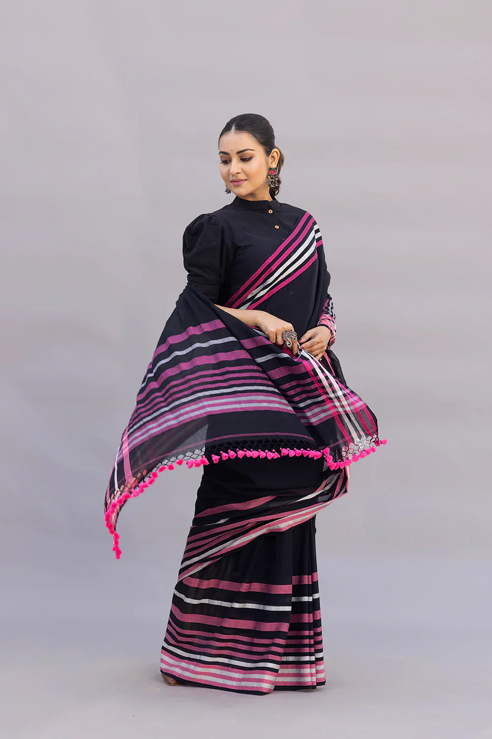 Handloom Black Pure Cotton Saree with Pink Stripes Border | SHOBITAM