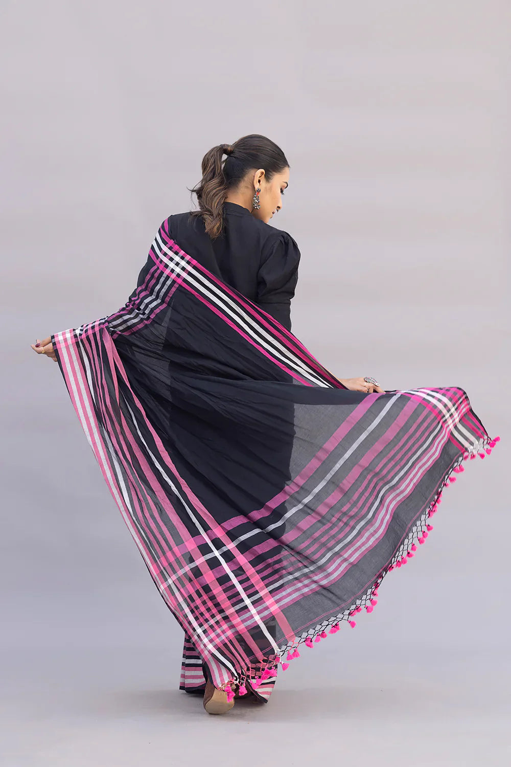 Handloom Black Pure Cotton Saree with Pink Stripes Border | SHOBITAM